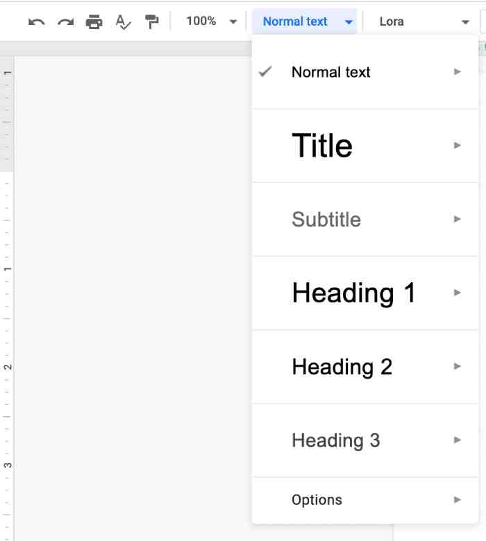 Image showing heading tags option on Google Docs