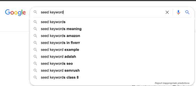 Image Shows keyword research method using Google Autocomplete