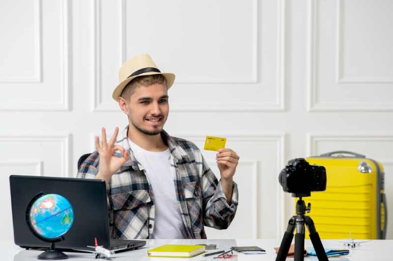 travel blogger recording trip vlog camera young handsome guy straw hat very happy 140725 167233 1